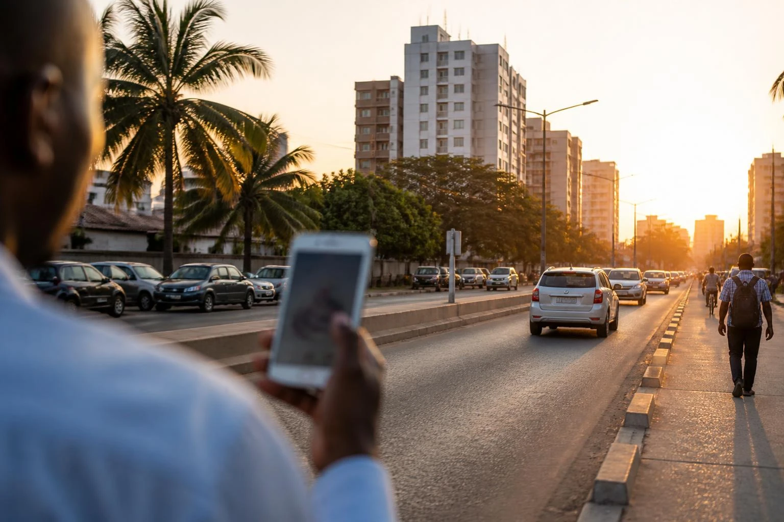 Mobilidade urbana em Maputo ao pôr do sol