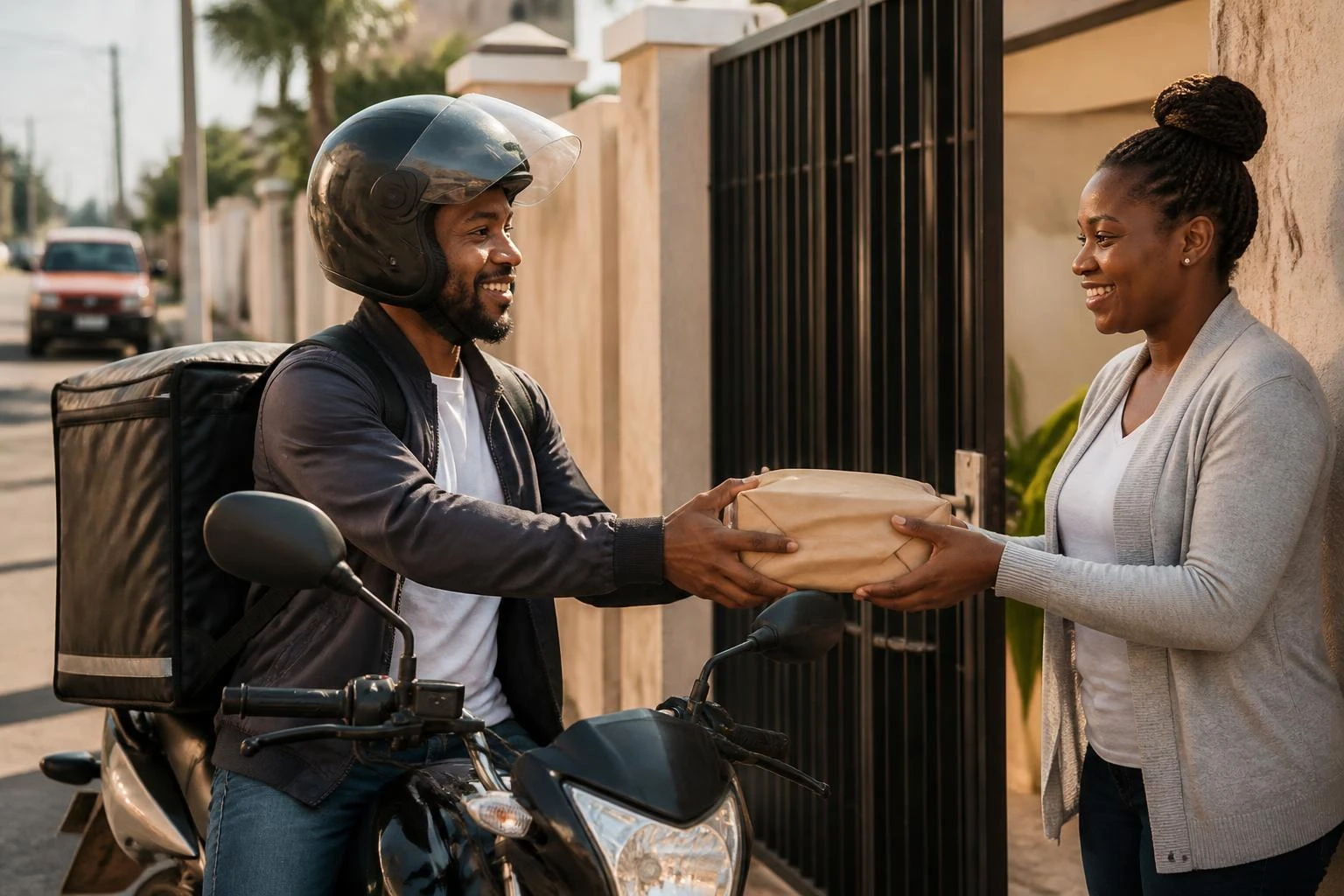 Estafeta PickApp a entregar uma encomenda à porta de casa em Maputo