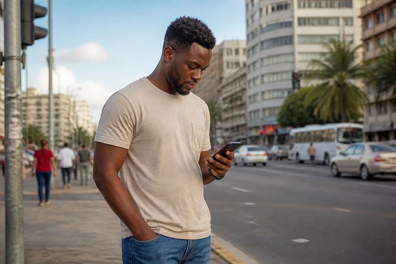 Passageiro à espera da viagem PickApp numa rua de Maputo